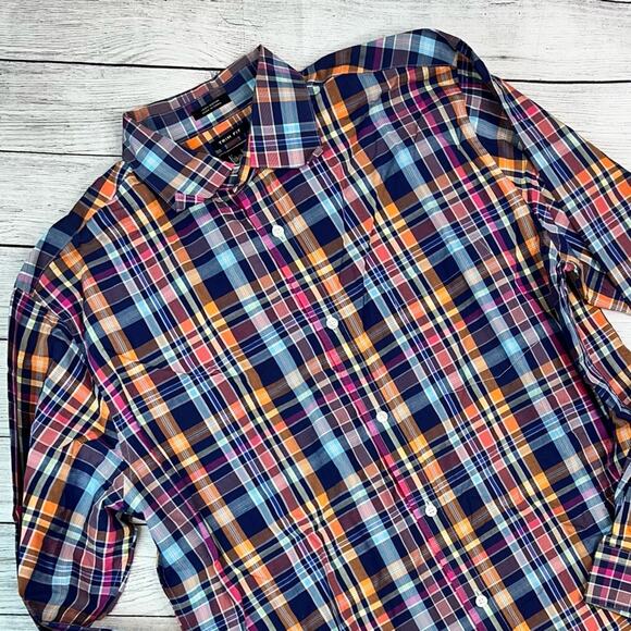 5/$25 Neiman Marcus Men's Trim Fit Bright Multicolor Plaid Buttoned Shirt Large - Picture 5 of 6